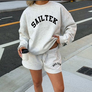 Conjuntos de mujer al por mayor conjuntos cortos informales de alta calidad para mujer Conjunto de sudadera y pantalones cortos de cuello redondo de 2 piezas de algodón personalizado para mujer - Product Image 1