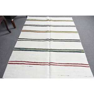 Alfombra moderna de lana blanca de 4,8x7,9 pies, diseño de retales de tejido plano turco, respaldo de látex para decoración para sala de estar para adolescentes - Product Image 3