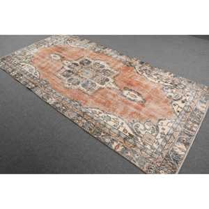 Vintage Rug, Large 4.5x9.2 ft Turkish Rug, <b>Brown</b> Blue Striped <b>Wool</b> Rug - Product Image 2