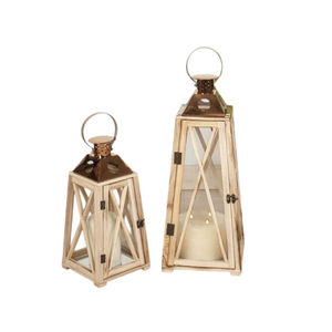 Décoration de la maison lanterne suspendue nouveau classique de noël en bois bougeoir lanterne ensemble 2 lanterne en bois avec dessus galvanisé - Product Image 3