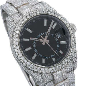 Montre unisexe en acier inoxydable analogique résistante à l'eau avec bracelet en cuir entièrement serti de diamants Moissanite à mouvement automatique cadran noir - Product Image 1