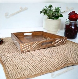 ถาดเสิร์ฟไม้ไผ่แบบมีมือจับถาดไม้ไผ่แกะสลักแบบชนบทสำหรับเสิร์ฟเครื่องดื่มชากาแฟ - Product Image 1