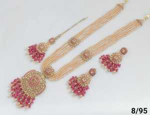 เครื่องประดับผู้หญิงที่ทันสมัยที่สุดสำหรับงานแต่งงานของอินเดียหิน CZ ประดับด้วยมุกสร้อยคอยาวชุดต่างหูชุด mangtika - Product Image 4