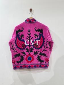Manteau Bohème en Velours Rose Brodé, Col Mandarin, Manches Longues, Motif Floral Fait Main, Vêtement d'extérieur pour Femme Adulte - Product Image 1