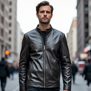 Chaquetas de cuero con cremallera de piel de oveja PU | Chaquetas de cuero genuino para motocicleta con cremallera frontal para hombre - Product Image 3