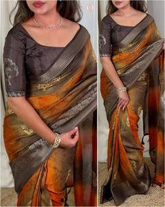 Beautiful Muslin Cotton <b>Saree</b> Multicolor Print <b>Golden</b> Butta Jacquard Border Pallu Tussels Swarovski Blouse Wedding Party Wear - Product Image 2