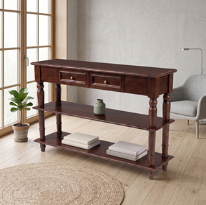 Mesa Consola Estrecha de Roble Macizo Marrón Antiguo, Estilo Vintage, con Cajones, Patas y Estantes Inferiores, para Entrada o Sala de Estar, Muebles MT - Product Image 5