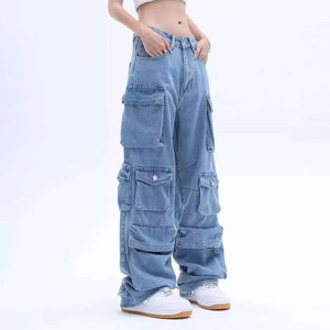 Custom Elastic <b>Waist</b> <b>Ripped</b> Solid Women Cargo <b>Jeans</b> Pants New Fashion <b>Black</b> Denim Streetwear Logo Winter Waterproof Washed - Product Image 2