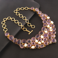 Collier de mariée multi-pierres en nacre d'améthyste naturelle de luxe Offre Spéciale, plaqué or, chaîne à maillons ronds, fermoir à bascule