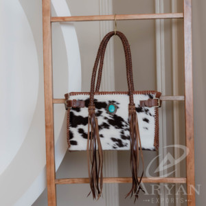 Handcrafted Hair on Cowhide Leather <b>Fringe</b> Turquoise Stone Western Tote Purse Handmade Genuine Leather Luxury Handbag for Women - Product Image 1