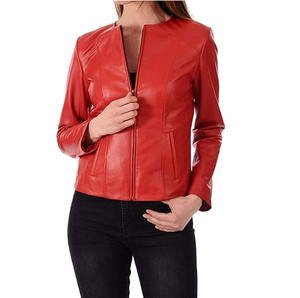 Women's Lambskin Leather Moto Biker Jacket - Winter Wear - Deep Neck - Product Image 1
