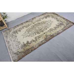 Alfombra de lana tradicional Vintage, diseño de retazos beige y marrón, hecha a mano, respaldo de látex rectangular de 3,9x6,8 pies para pasillo y sala de estar - Product Image 2