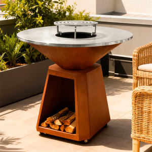 Barbecue d'extérieur moderne en acier Corten robuste avec plaque de cuisson, certifié CE, allumage automatique, foyer à bois à base carrée - Product Image 4