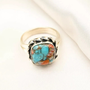 Vente chaude 925 Sterling Silver Bohemian Style Déclaration Anneau Spiny Oyster Cuivre Turquoise 10mm Coussin Forme pour les Fêtes - Product Image 2