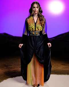Traditional Black Morocco Caftan Yellow Embroidery Elegant Muslim Maxi <b>Dress</b> V Neck Long Sleeves Lightweight Anti-Wrinkle - Product Image 4