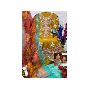 来自印度供应商的优质婚礼派对穿新欧根纱套装，带刺绣和手工工作Salwar套装