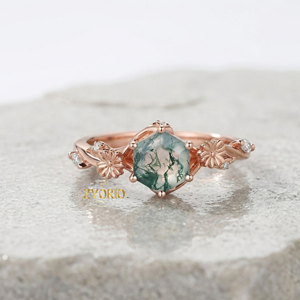 Anillo de compromiso floral de plata 925 con ágata musgosa hexagonal, inspirado en la naturaleza, con diseño de margarita y ramas. - Product Image 2