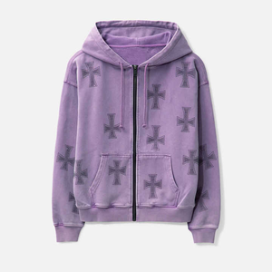 Top à la mode Applique broderie en détresse à capuche strass veste zippée lavage à l'acide Vintage lavé hommes polaire Streetwear à capuche - Product Image 1