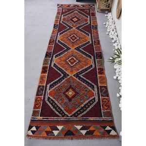 Tapis Ethnique en Laine Rouge Orange Patchwork Style Traditionnel, Motif Abstrait en Latex, Salle à Manger, Ensembles de Tapis Écologiques, 3x9.8ft - Product Image 1