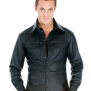 Chemise à manches longues en similicuir noir pour homme, coupe ajustée, boutonnée, style fétiche - Product Image 3