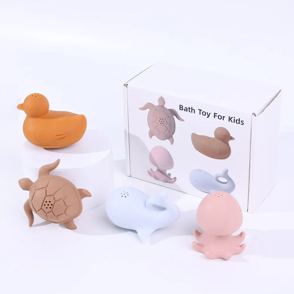Scatola regalo per neonati giocattoli per bambini piccoli animali a forma di 4 pezzi serie oceanica gioco d'acqua per bambini 100% giocattoli da bagno in Silicone per uso alimentare