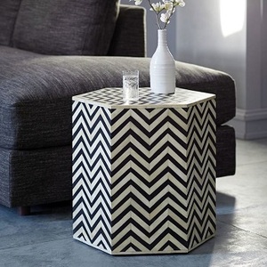 Mesa auxiliar con incrustaciones de hueso hechas a mano para sala de estar y dormitorio, forma hexagonal con diseño de patrón geométrico, mesita de noche - Product Image 5