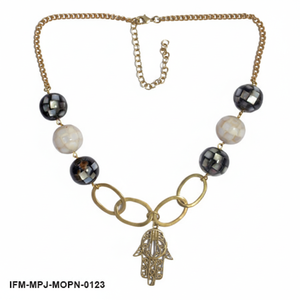<b>Gold</b> Hamsa Hand Mother of <b>Pearl</b> Inlay <b>Necklace</b> Boho MOP Mosaic Bead Statement Jewelry for Women - Product Image 1