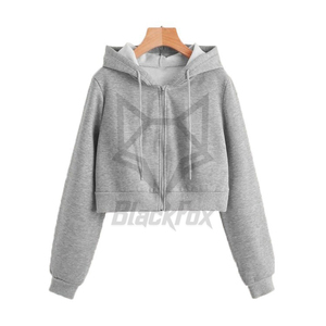 Women's Black <b>Cropped</b> Hoodie <b>Zip</b>-<b>Up</b> Long Sleeve Solid Color Hooded Sweatshirt Autumn Knitted Casual Wear - Product Image 6