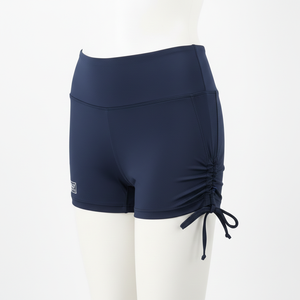 Shorts de sport pour femmes en nylon et élasthanne extensible, bleu marine, avec logo personnalisé par transfert thermique sur les côtés ajustables. - Product Image 4