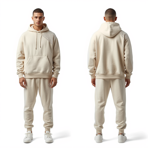 Ensemble de survêtement de qualité supérieure pour homme, couleur beige crème, avec strass en cristal, sweat à capuche et pantalon de jogging en molleton de coton épais - Product Image 3
