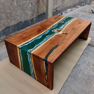 Table basse en résine époxy Woodensure ECT-004, élégante, double face, design vagues de la rivière perle turquoise, fabrication artisanale en bois et résine, salon - Product Image 3