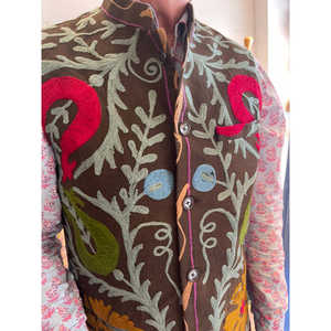 Mens Luxury Reversible <b>Nehru</b> Jacket XS Size Water-Proof Velvet Suzani Floral Embroidered Pattern Vintage Style for Spring Season - Product Image 3