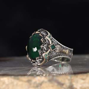 Anillo Azuris de Alta Calidad Estilo Otomano en Plata de Ley 925 para Hombre, Joyería de Moda con Piedra Natural Ágata Yamen, Hecho en Turquía - Product Image 1
