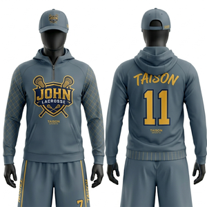 Mens Lacrosse Hoodie 220 GSM Breathable Polyester Mesh Light Grey Navy Print Ribbed Hem Cuffs Custom <b>Name</b> Number Print - Product Image 4