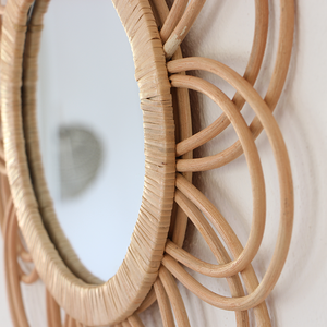 Wholesale Double Layer <b>Flower</b> Rattan <b>Mirror</b> Natural Beige Handmade Wall Art Decor Boho Vintage Style For Home Decoration Supply - Product Image 3