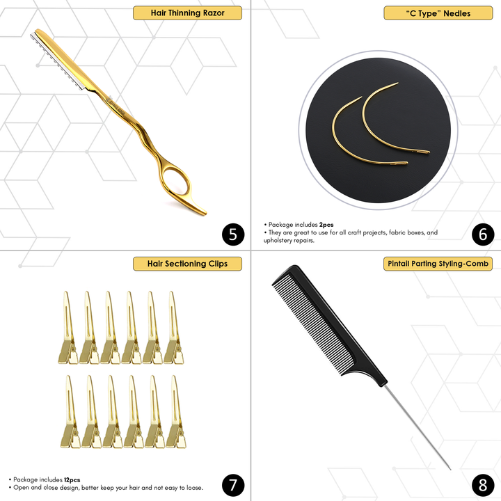 My Hair Tools Pro Hair Extensions Tools Kit Gold Pinky Braiding Tool Wire Crimper Rat Tooth Comb Dreadlock Hook Hair Sectioning