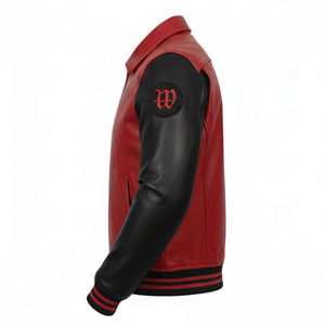 Chaqueta Varsity Personalizada 2026 Roja y Negra, de Cuero Genuino y Lona Ecológica, Resistente al Viento, para Hombre, con Bordado de Alas de Ángel, Estilo Urbano - Product Image 3