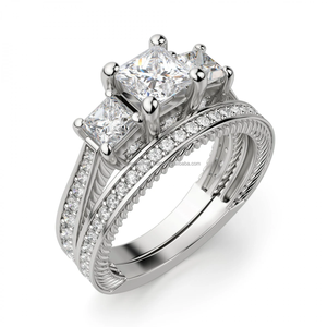 Trois pierres princesse coupe bague en diamant tige VVS Moissanite diamant mariage entrelacement fendu torsadé tige anneau pour les femmes - Product Image 3