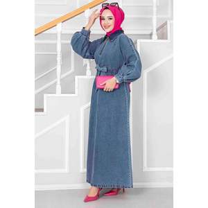 Robe Hijab en denim à demi fermeture éclair Bleu clair - Product Image 4