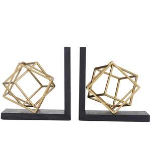 Juego al por mayor de 2 sujetalibros de cubo superpuesto geométrico de metal dorado de alta calidad 8 "W 8" H Bases negras para uso en la oficina - Product Image 1
