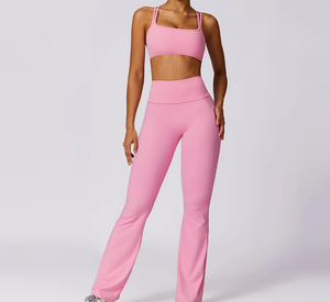 Conjunto de Yoga femenino de 2 piezas de buena calidad, Sujetador deportivo de patrón sólido y mallas con logotipo frontal, transpirable ecológico para mujer - Product Image 2