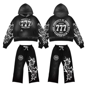 Lightweight Eco-Friendly Breathable Printed Cotton Acid Washed Vintage Sunfaded Winter Casual <b>Hoodie</b> Sweatpants Sets Unisex - Product Image 4