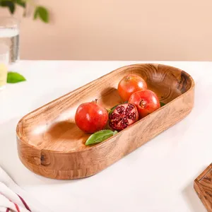 Bandeja larga de madera de acacia para servir, Plato de frutas, centro de mesa de madera rústico, cuenco decorativo, grano Natural hecho a mano, seguro para alimentos - Product Image 1