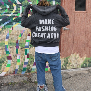 Custom Vintage Stone Washed Applique Patchwork Embroidery Hoodies Heavyweight Cotton Grey Cropped Zip up Distressed <b>Hoodie</b> - Product Image 4