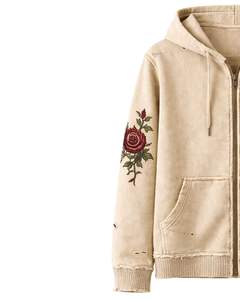เสื้อฮู้ดซิปสีเบจสไตล์วินเทจ แบรนด์ผู้ผลิต พร้อมลายปักดอกกุหลาบที่แขนเสื้อ สตรีทแวร์แบบวินเทจ ล้างทำสีพิเศษ รับผลิตตามแบบ (OEM) สำหรับผู้หญิง - Product Image 2