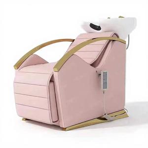 Fauteuil de lavage rose pour salon de coiffure, en cuir PU, design moderne, structure en acier inoxydable, siège rembourré, lavabo en céramique, réglable - Product Image 5