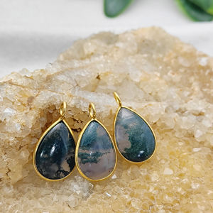 Colgante de lágrima de ágata de musgo liso, conjunto de bisel chapado en oro, conector de piedras preciosas para DIY, collar cristiano, fabricación de joyas de diamantes - Product Image 5