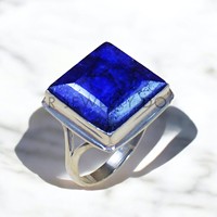 Bague élégante en argent sterling 925 avec saphir bleu serti clos, taille carrée, unique pour les fêtes et les anniversaires, vente en gros