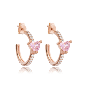 Pink Quartz <b>Heart</b> Shape CZ Stone Hoop <b>Earring</b> Wholesale 925 Sterling <b>Silver</b> Women Jewelry - Product Image 6