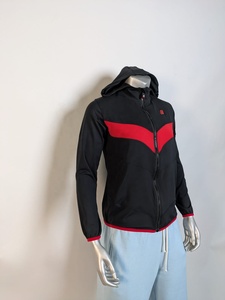 Sweat à capuche unisexe noir en molleton de coton avec fermeture éclair quart de tour, bordure rouge, manches raglan, coupe oversize, séchage rapide, style sportif, pour l'automne - Product Image 3